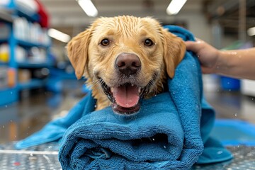 Caring hands gently drying a pampered labrador retriever during cozy bath time and grooming care