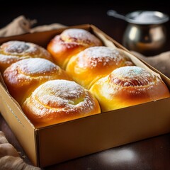 Goldbraune Hefebrötchen mit Puderzucker in einer Schachtel