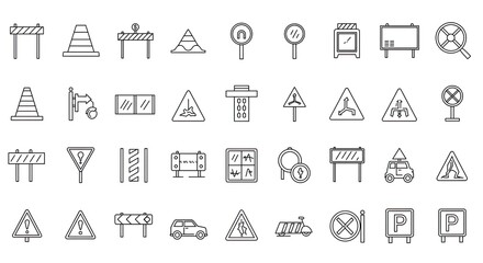 Collection of various road signs and traffic symbols in a simple line art style.