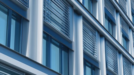 Modern architectural facade featuring blue glass windows and horizontal blinds under sunlight