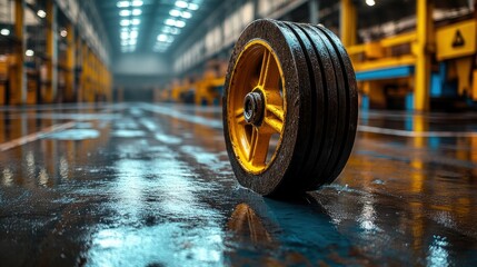 Obraz premium Industrial wheel on wet factory floor
