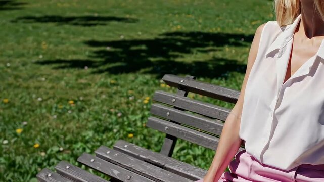 Woman relaxing outdoors on a park bench in the sun, capturing leisure and summer vibes.