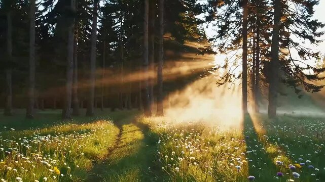 Early morning sunlight filtering through trees and fog in a forest clearing with flowers.
