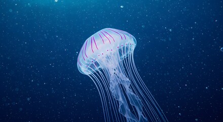  a jellyfish swimming gracefully in a clear blue ocean. Sunlight gently pierces through the water, creating soft rays of light. A few air bubbles float around the jellyfish
