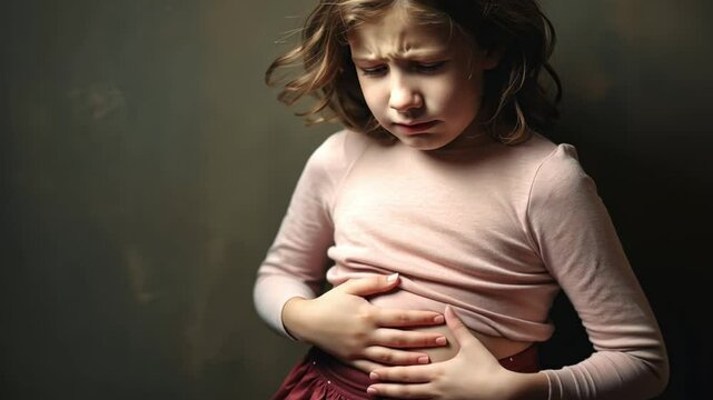Stomach ache of little girl: Portrait of a young girl clutches her stomach, her face etched with pain and discomfort, illustrating a common childhood ailment.