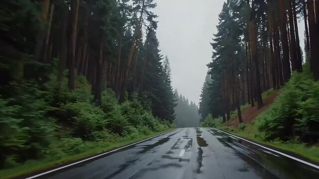 Rainy road through a pine forest, emphasizing solitude and nature's calm during wet weather.