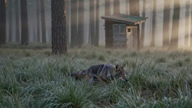 Fox sitting calmly in a misty forest near a wooden cabin at dawn, evoking serenity and wilderness.