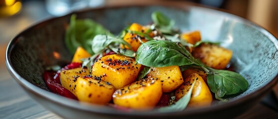A bowl of roasted yellow vegetables with green herbs