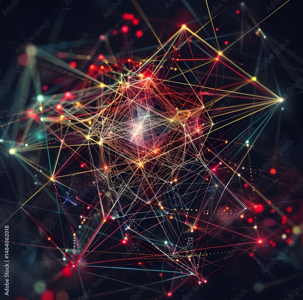 Aufkleber an intricate abstract web of glowing nodes and vibrant connecting lines.