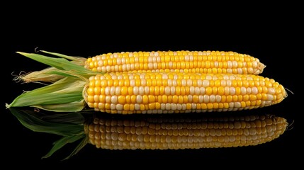 Two ears of fresh, sweet corn on the cob with husks, isolated on black reflective surface.
