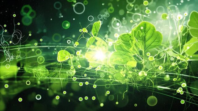 Emerging Life: A dynamic artistic composition of green leaves, bubbles, and energetic lines, illustrating the essence of vitality and growth.