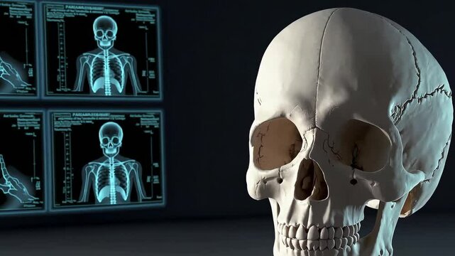 Skull next to X-ray screens in a dark medical setting, suited for science and anatomy visuals.