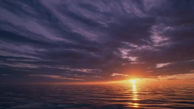 Ocean sunset with dramatic clouds and warm reflection on the water, evoking peace and awe.
