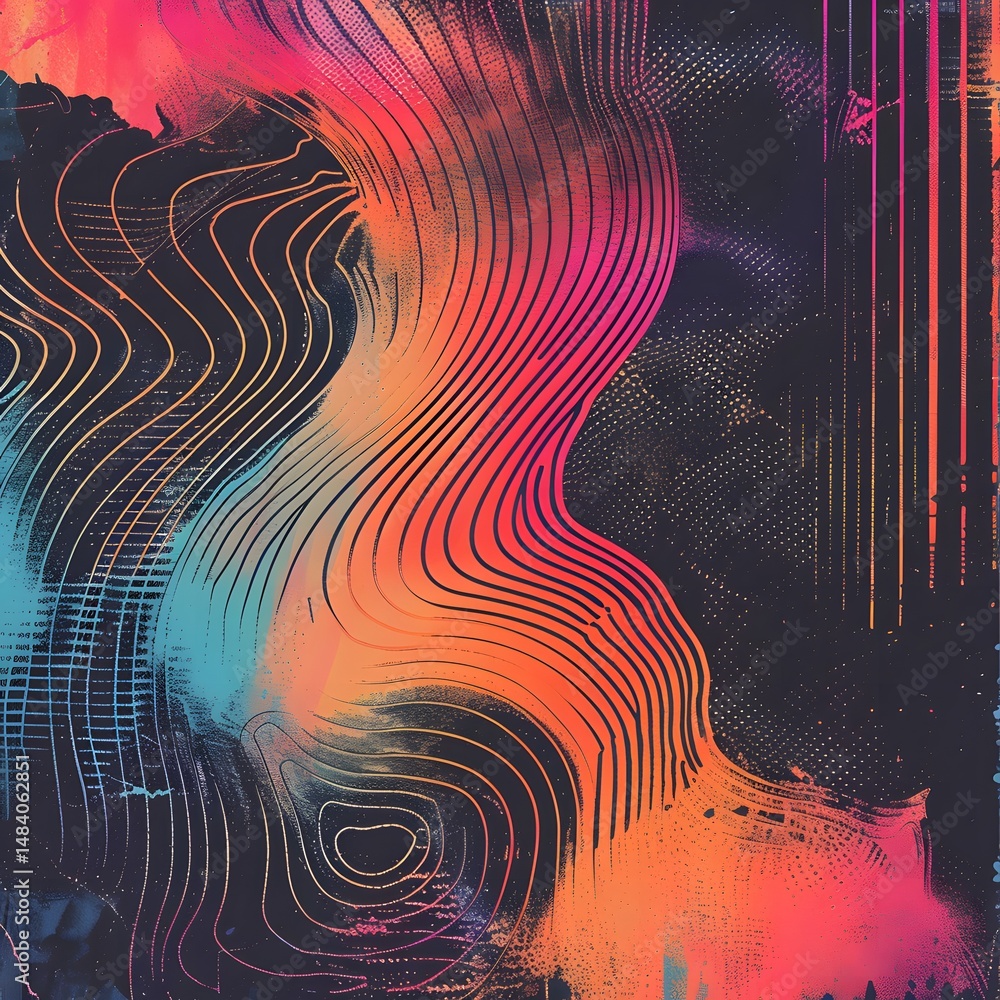 Aufkleber a complex abstract image with multi-colored waves on a dark background.