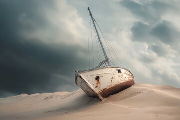A shipwrecked sailboat rests on a sand dune under a dramatic, cloudy sky, conveying a sense of abandonment and decay.