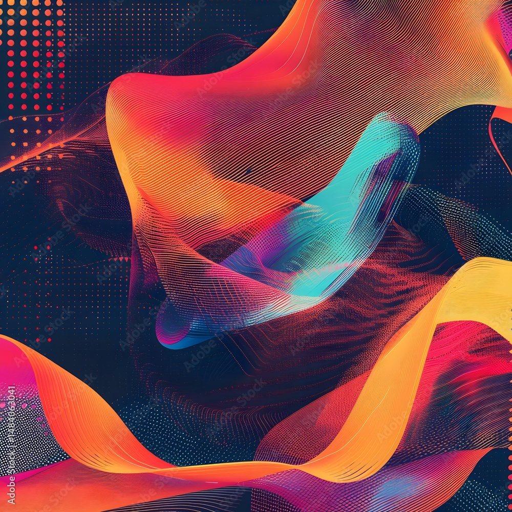 Poster an abstract image with vibrant shapes and a grid of glowing lines.