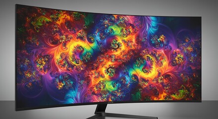 Curved Monitor Displaying Vibrant Abstract Fractal Art Against Gray Background in Studio Setting