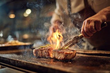Chef expertly searing two juicy steaks on a hot griddle, flames dancing around the meat. Delicious!