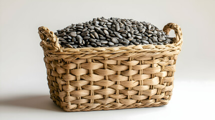 Obraz premium Semillas de Girasol, Sunflower Seeds in a small woven basket, simple light taupe background