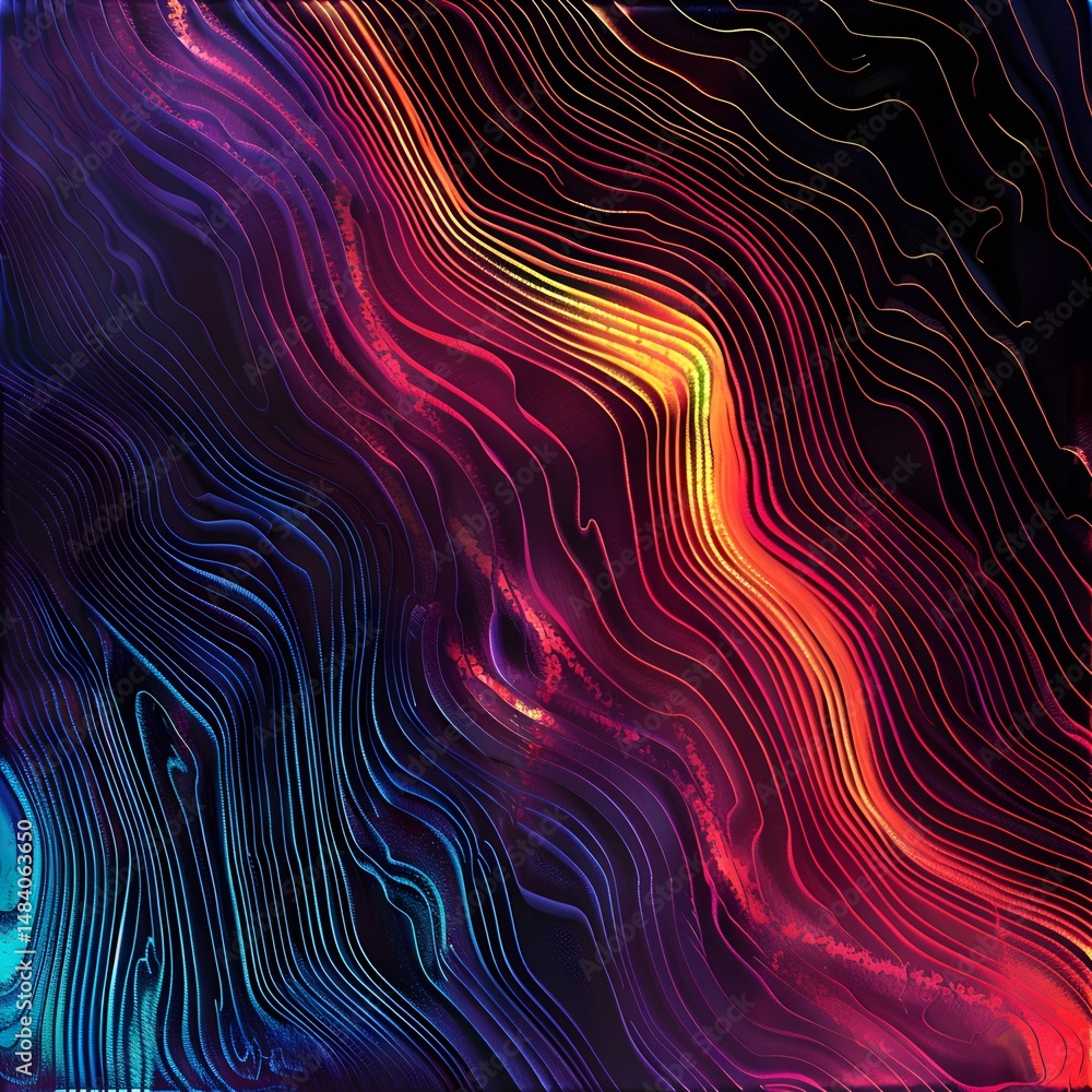 Poster a mesmerizing pattern of abstract, colorful waves with glowing lines.