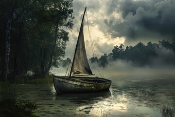 A solitary sailboat rests on a misty lake surrounded by dense forest, under a moody and dramatic sky.