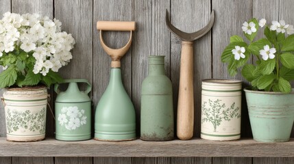 Rustic Spring Gardening Still Life with Tools and Flowers