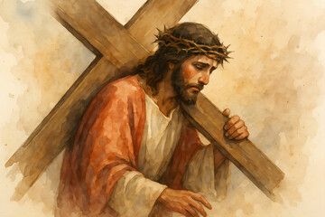 A man is holding a wooden cross and is wearing a red robe. He is looking down and he is in a contemplative mood
