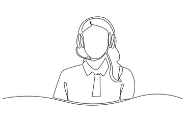 Continuous one line drawing of Young woman with headphones. Single line drawing illustration of Woman call center agent. Customer service concept vector art. Doodle line illustration.
