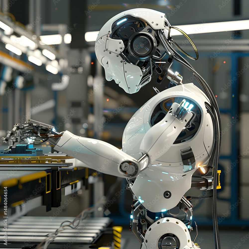 Poster a humanoid robot works on a small part on a table.