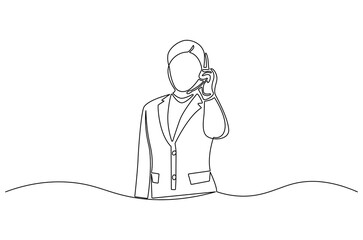 Continuous one line drawing of Young woman with headphones. Single line drawing illustration of Woman call center agent. Customer service concept vector art. Doodle line illustration.