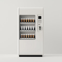 A vending machine with a white exterior and a black base. The machine is filled with cups and bottles