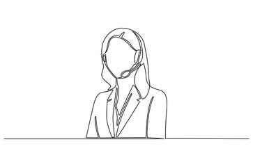 Continuous one line drawing of Young woman with headphones. Single line drawing illustration of Woman call center agent. Customer service concept vector art. Doodle line illustration.