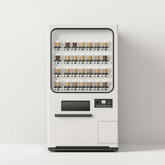 A coffee vending machine with a white exterior and a black interior. The machine has a large selection of coffee cups and a coin slot