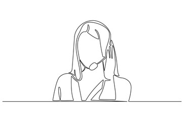 Continuous one line drawing of Young woman with headphones. Single line drawing illustration of Woman call center agent. Customer service concept vector art. Doodle line illustration.