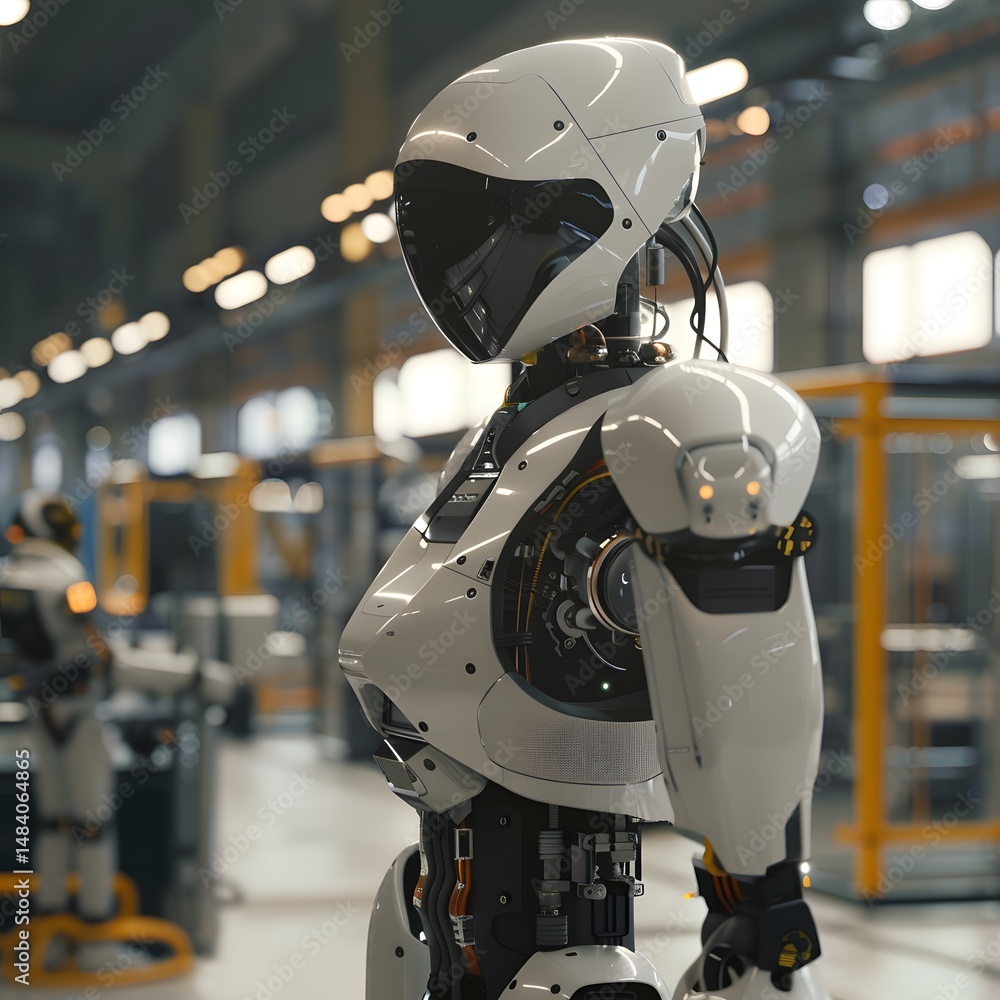 Poster a humanoid robot stands on an assembly line in a factory.