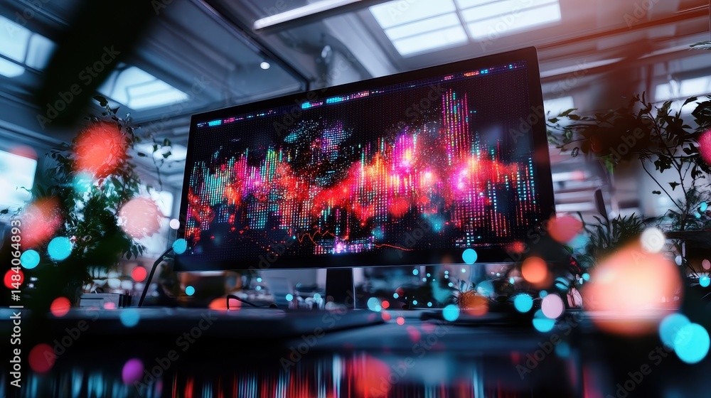 Poster vibrant data visualization on modern computer screen in stylish office setting with plants