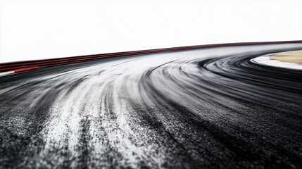 A road with a white line and a red line. The road is wet and has tire marks