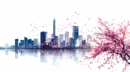 Obraz premium Futuristic city skyline with cherry blossoms, white isolated background. [Ocular City] | Data Lens | streamed sight. Illustration