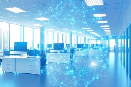 Modern office space with network graphic
