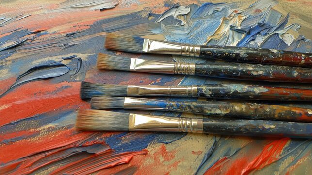 Close up artist paintbrushes resting on a painted canvas colorful brushstrokes studio art supply equipment
