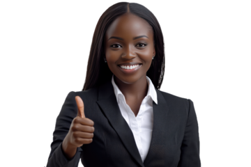 Confident African businesswoman in professional suit smiling and giving thumbs up, isolated on transparent background png