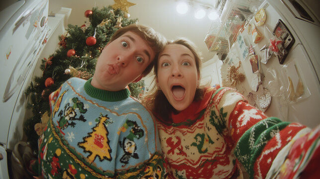 young family in stupidly funny ugly Christmas-Sweaters standing around the dishwasher