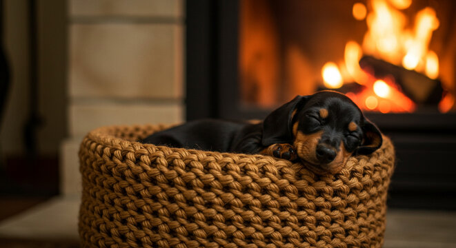 Cute Dachshund Puppy Sleeping Comfortably in a Cozy Basket by a Warm Fireplace Showing Relaxation and Peace Isolated Close Up Shot