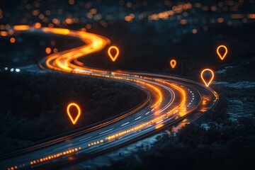 Winding highway at night with navigation markers