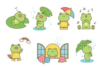 Fototapeta premium Cute frog characters enjoying rainy weather with umbrellas, raincoats, singing, and hydrangeas. Adorable cartoon scenes perfect for spring or monsoon themes.