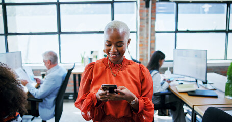 Office, businesswoman and scroll with smartphone for notification, news and contact in digital...
