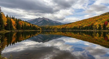 Fototapeta premium Lake reflection showing autumnal forest and mountain serenity, with colorful trees and cloudy sky