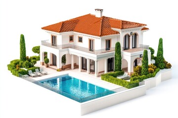 Luxury villa with terracotta roof tiles, swimming pool and lush greenery on a sunny day. 