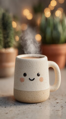 An animated, winking coffee cup sitting on a kitchen counter, with steam rising from the freshly brewed coffee. The white cup features a minimalist design, creating a playful and friendly atmosphere t