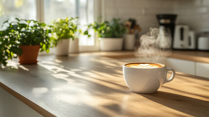 Obraz premium An animated, winking coffee cup sitting on a kitchen counter, with steam rising from the freshly brewed coffee. The white cup features a minimalist design, creating a playful and friendly atmosphere t